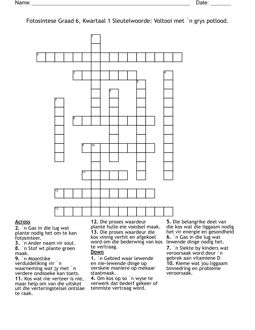 Fotosintese Graad 6, Kwartaal 1 Sleutelwoorde: Voltooi met `n grys potlood. Crossword