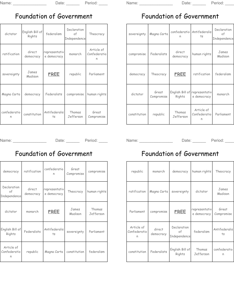 Foundation of Government Bingo Cards