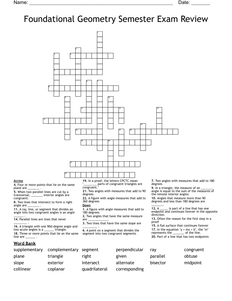 Foundational Geometry Semester Exam Review Crossword
