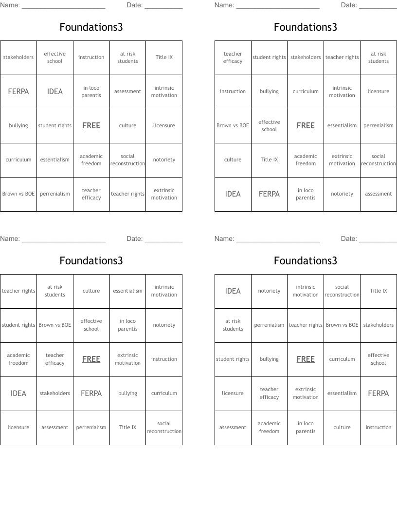 Foundations3 Bingo Cards