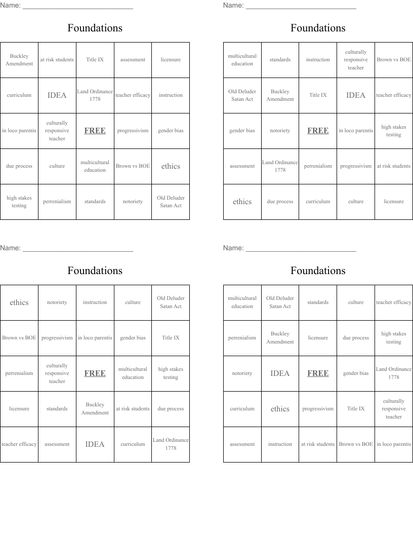 Foundations Bingo Cards