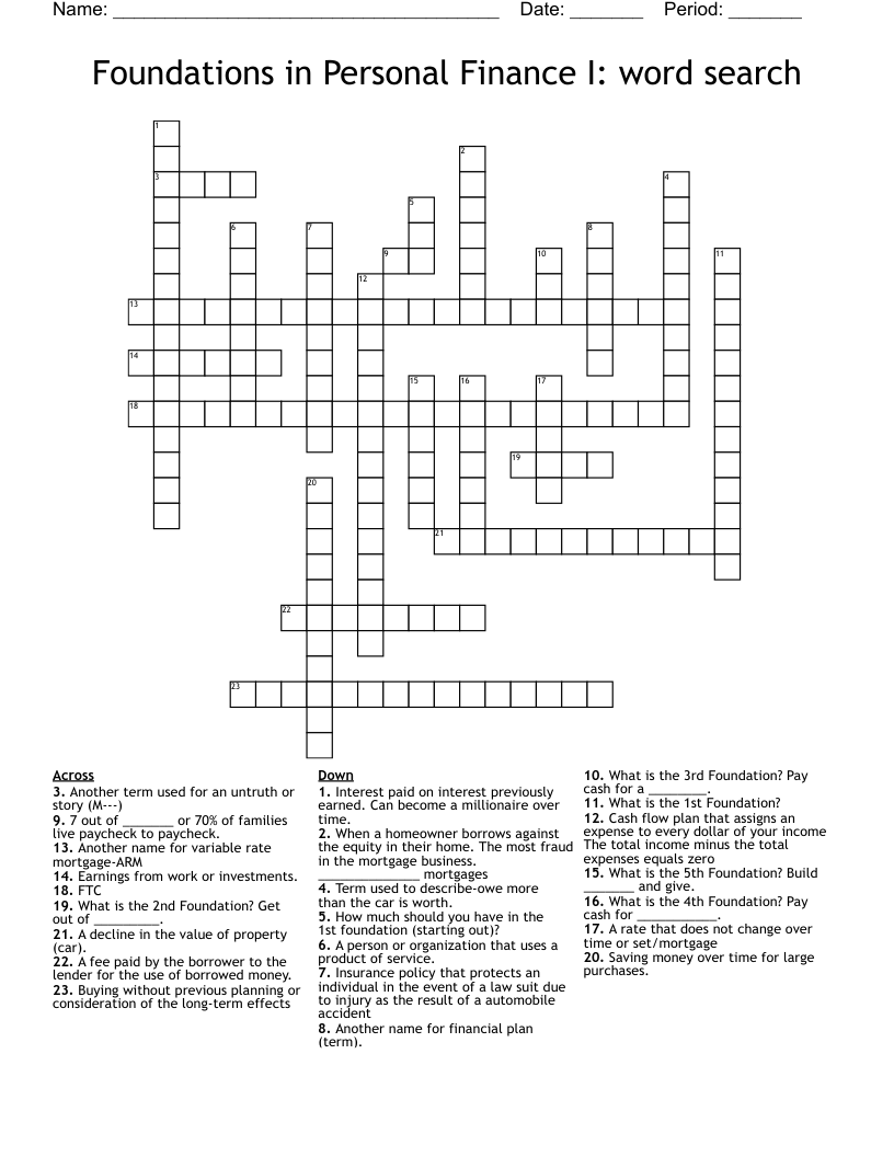 Foundations in Personal Finance I: word search Crossword