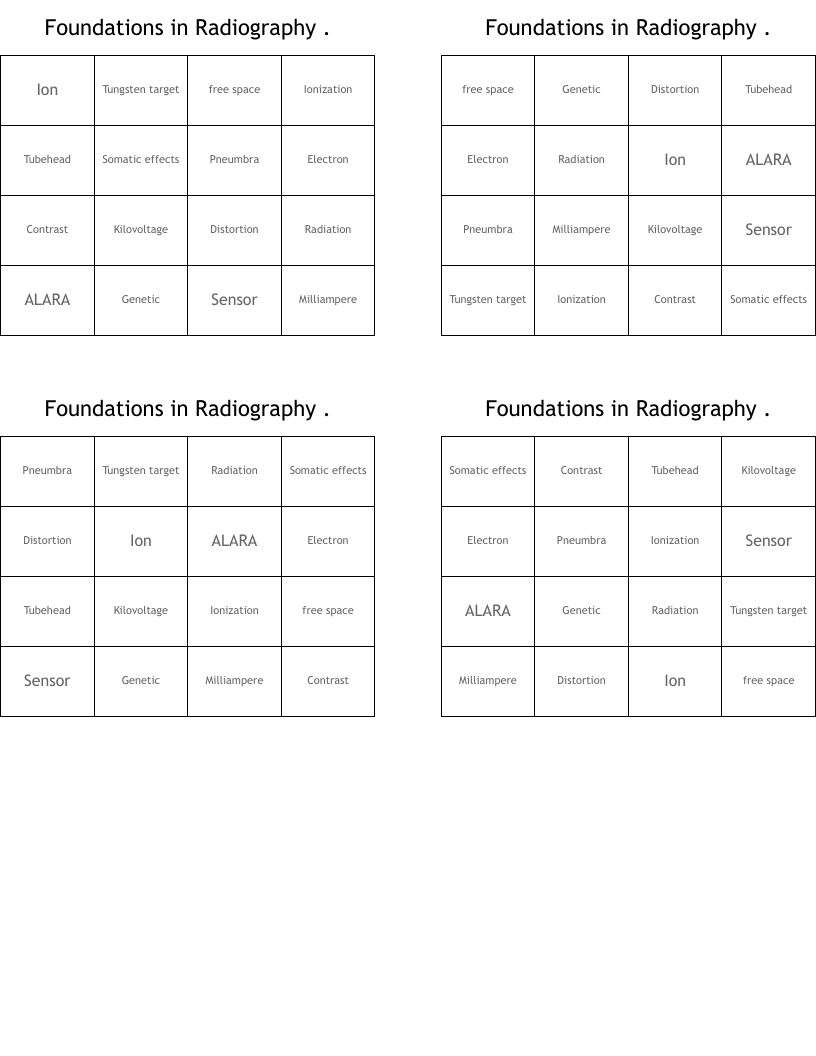 Foundations in Radiography . Bingo Cards