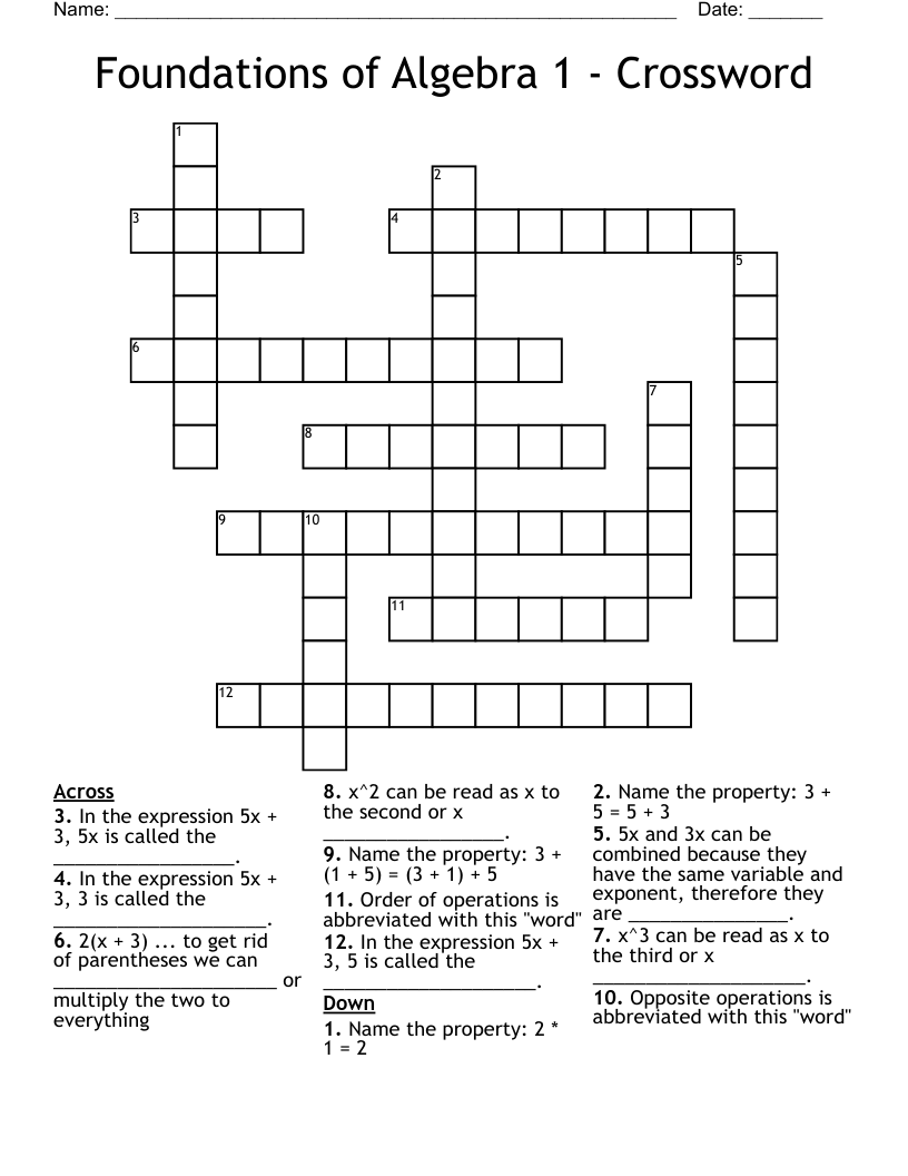Foundations of Algebra 1 - Crossword