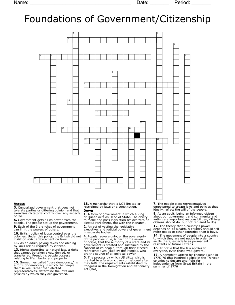 Foundations of Government/Citizenship Crossword