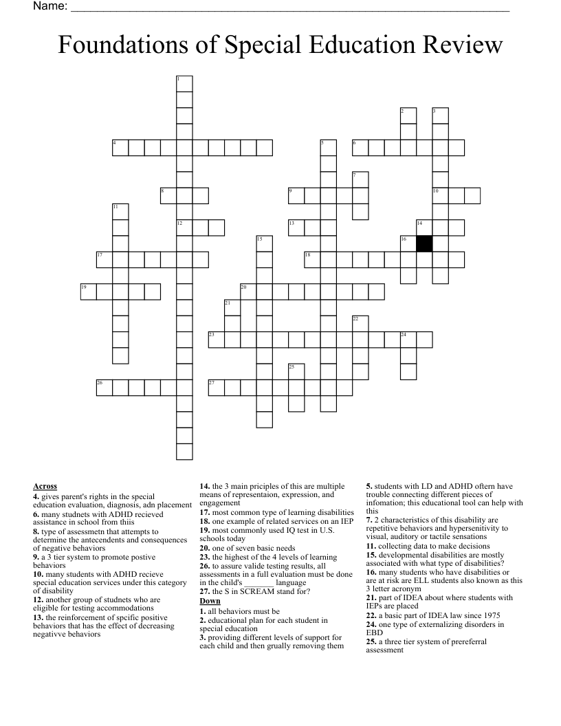 Foundations of Special Education Review Crossword