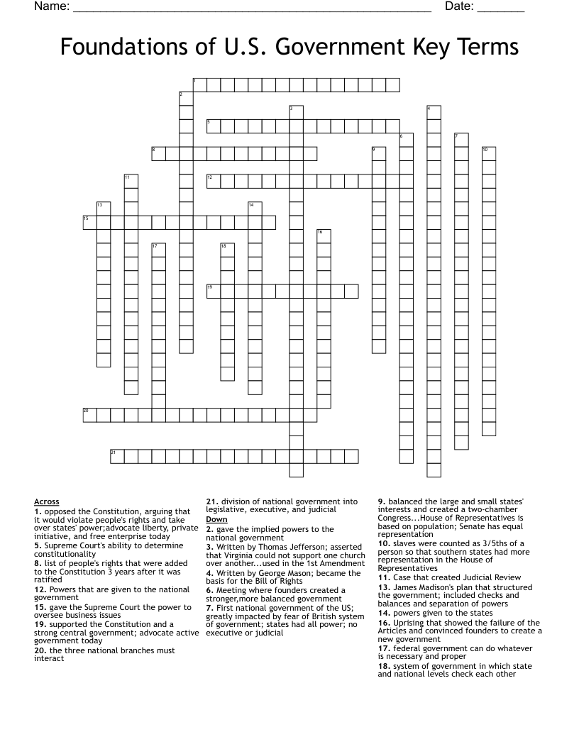 Foundations of U.S. Government Key Terms Crossword