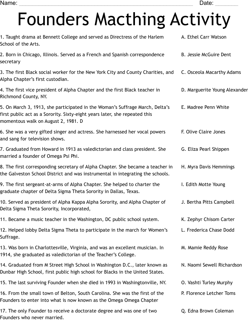 Founders Macthing Activity  Worksheet