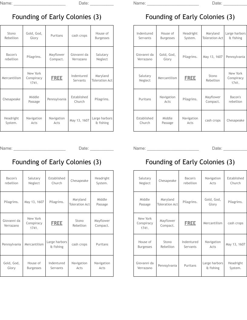 Founding of Early Colonies (3) Bingo Cards