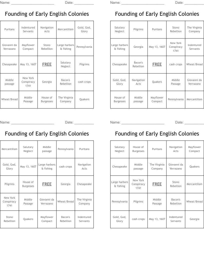 Founding of Early English Colonies Bingo Cards