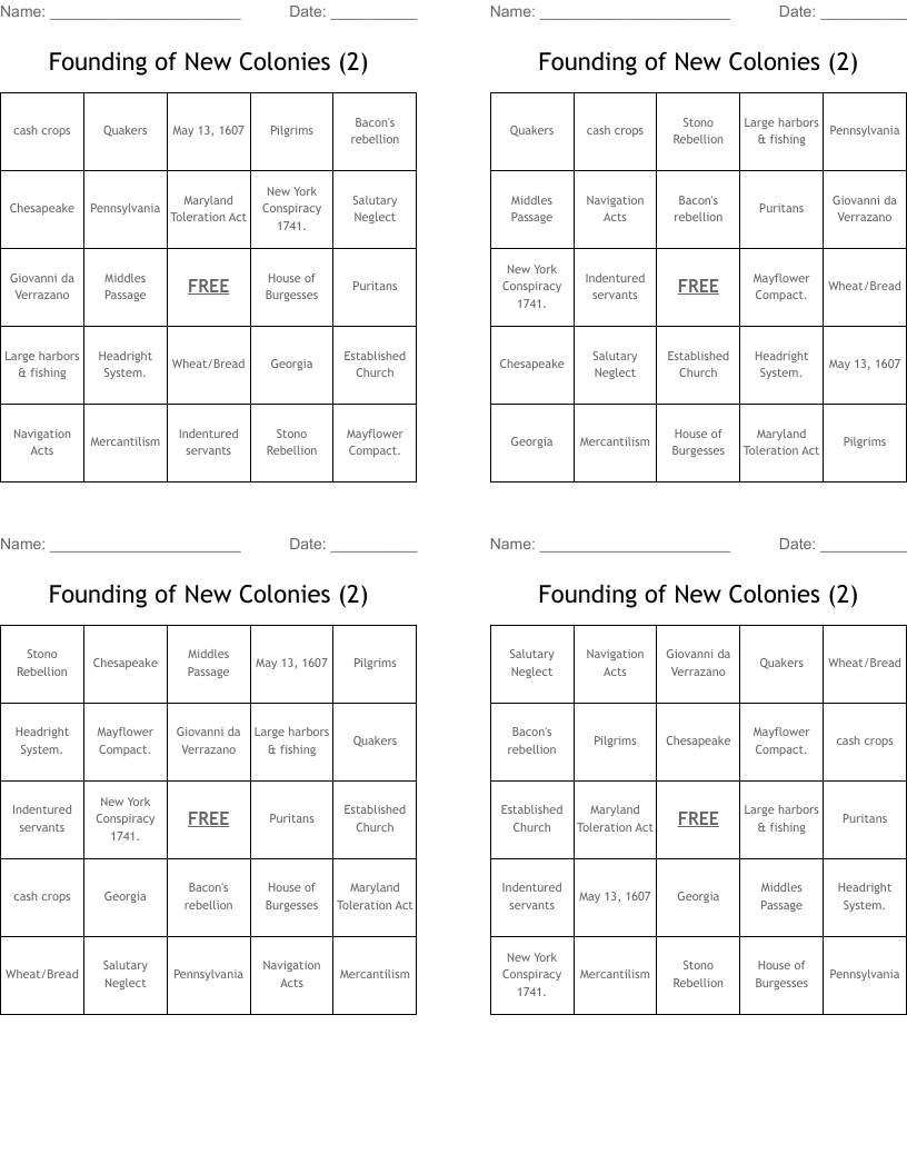 Founding of New Colonies (2) Bingo Cards