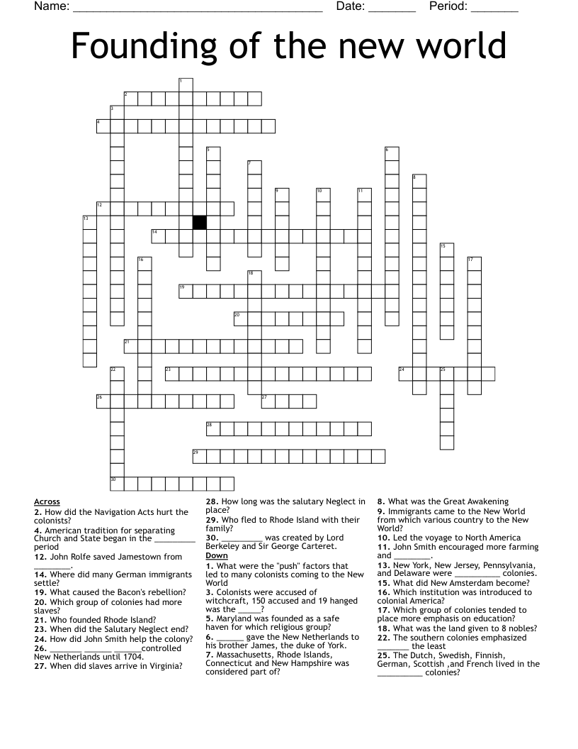 Founding of the new world Crossword