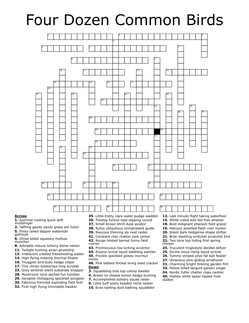 Four Dozen Common Birds Crossword