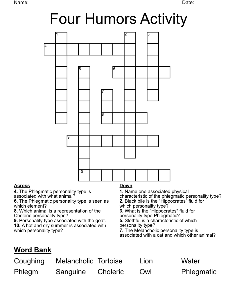 Four Humors Activity Crossword