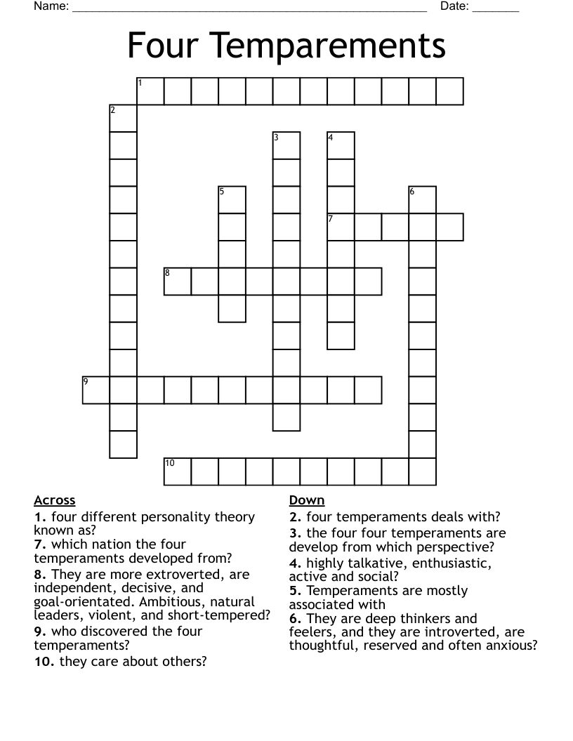Four Temparements Crossword