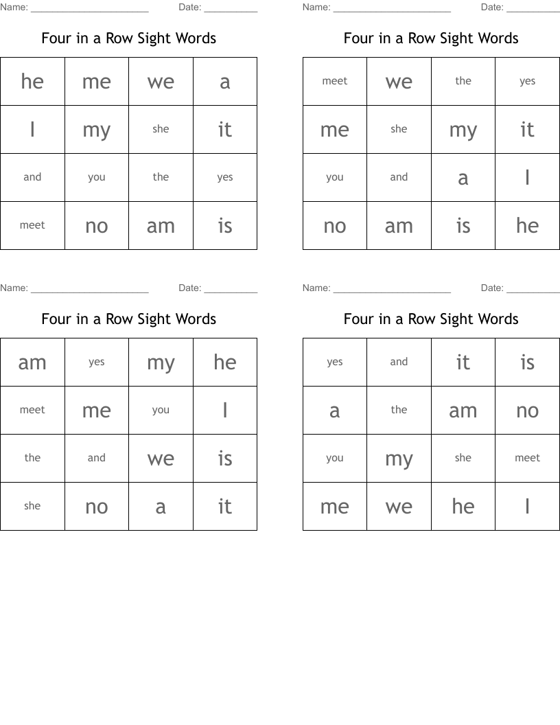 Four in a Row Sight Words Bingo Cards