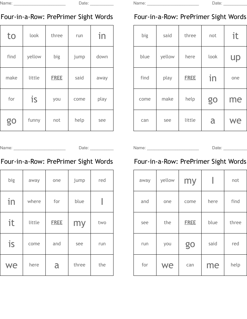 Four-in-a-Row: PrePrimer Sight Words Bingo Cards