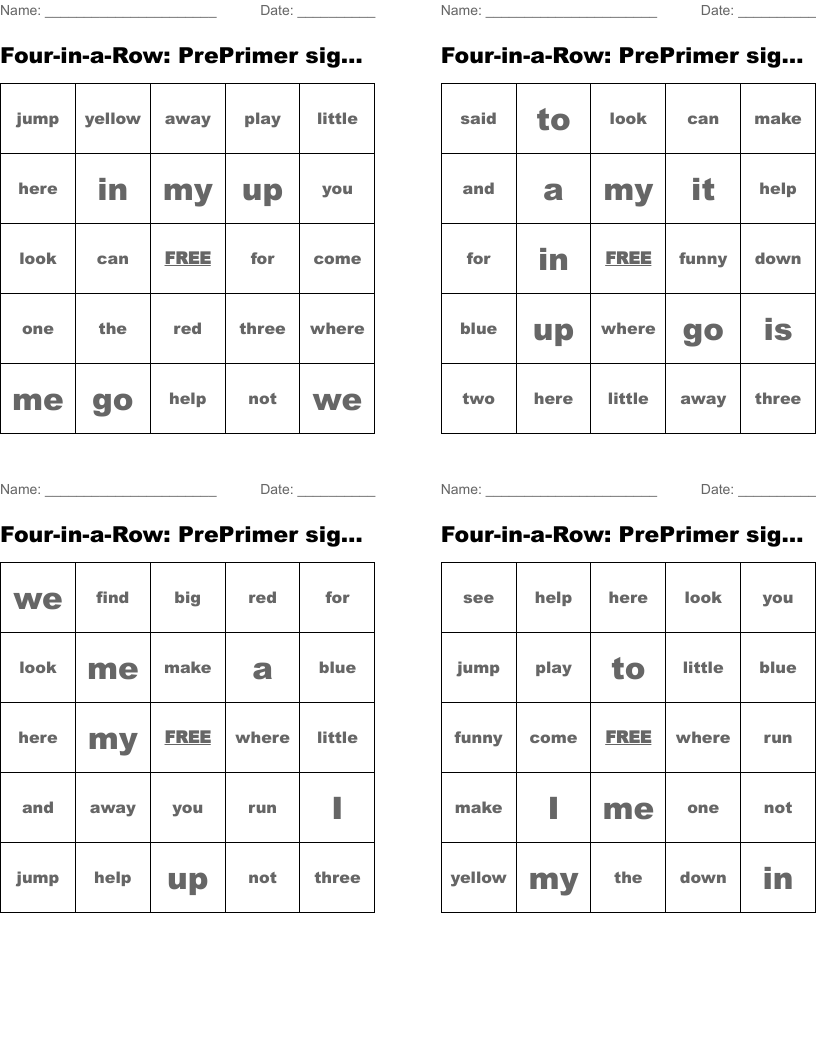 Four-in-a-Row: PrePrimer sight words Bingo Cards