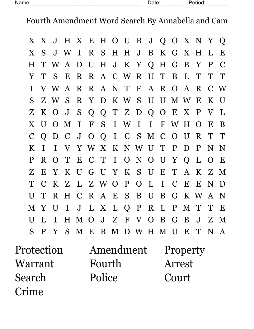 Fourth Amendment Word Search By Annabella and Cam