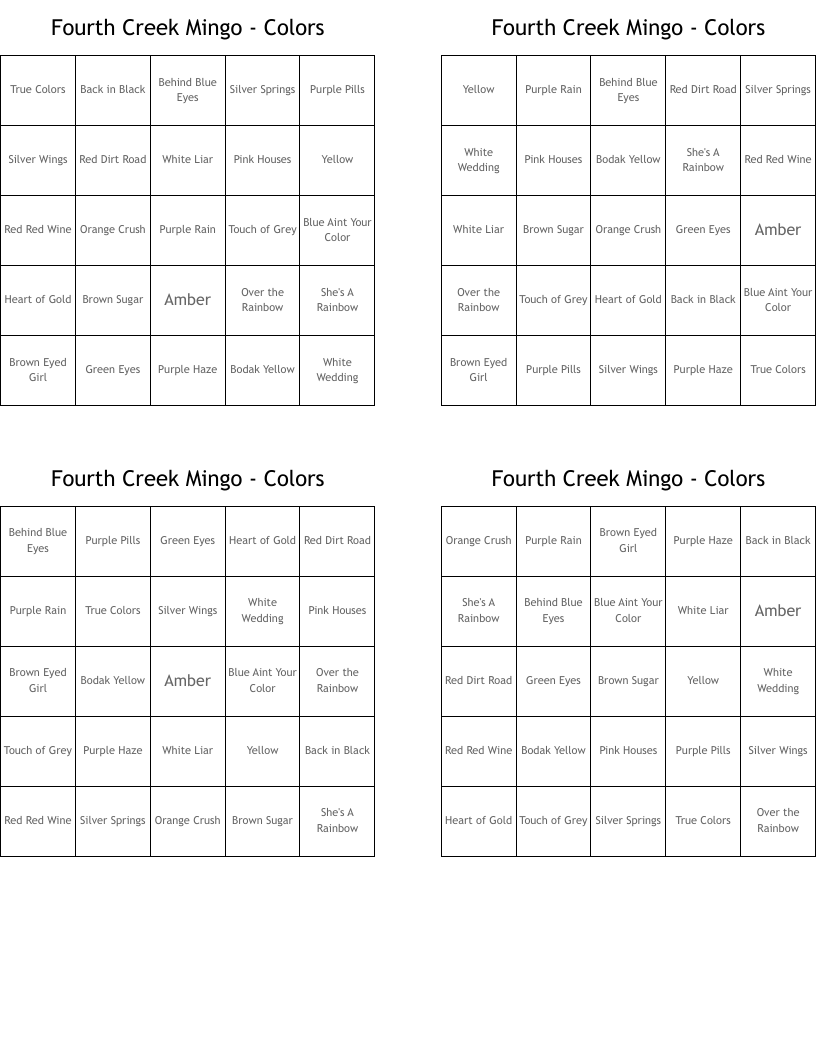 Fourth Creek Mingo - Colors Bingo Cards