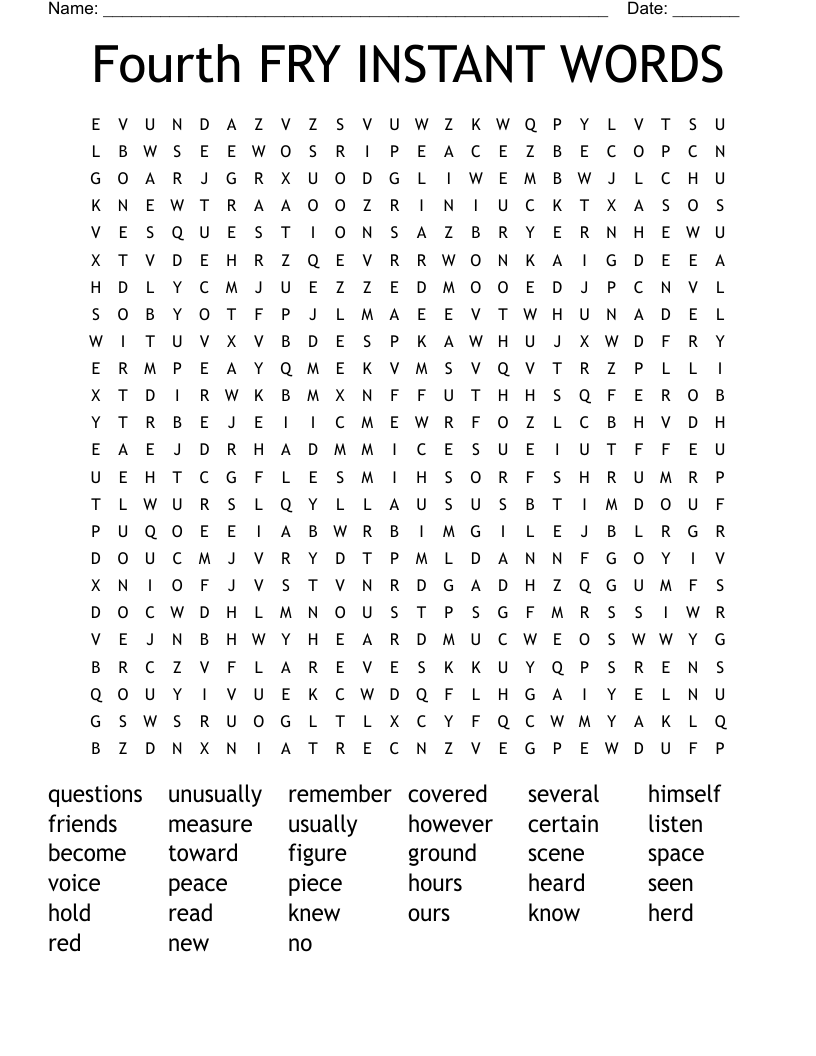 Fourth FRY INSTANT WORDS Word Search