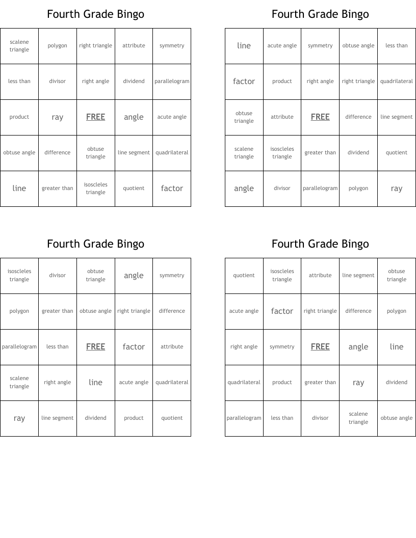 Fourth Grade Bingo