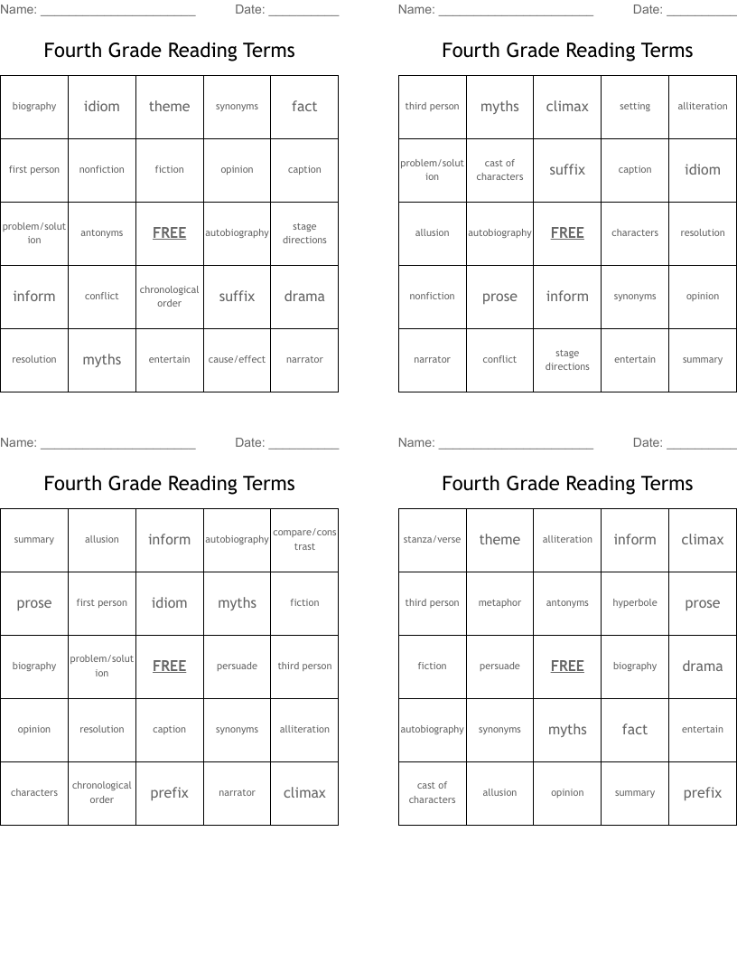 Fourth Grade Reading Terms Bingo Cards