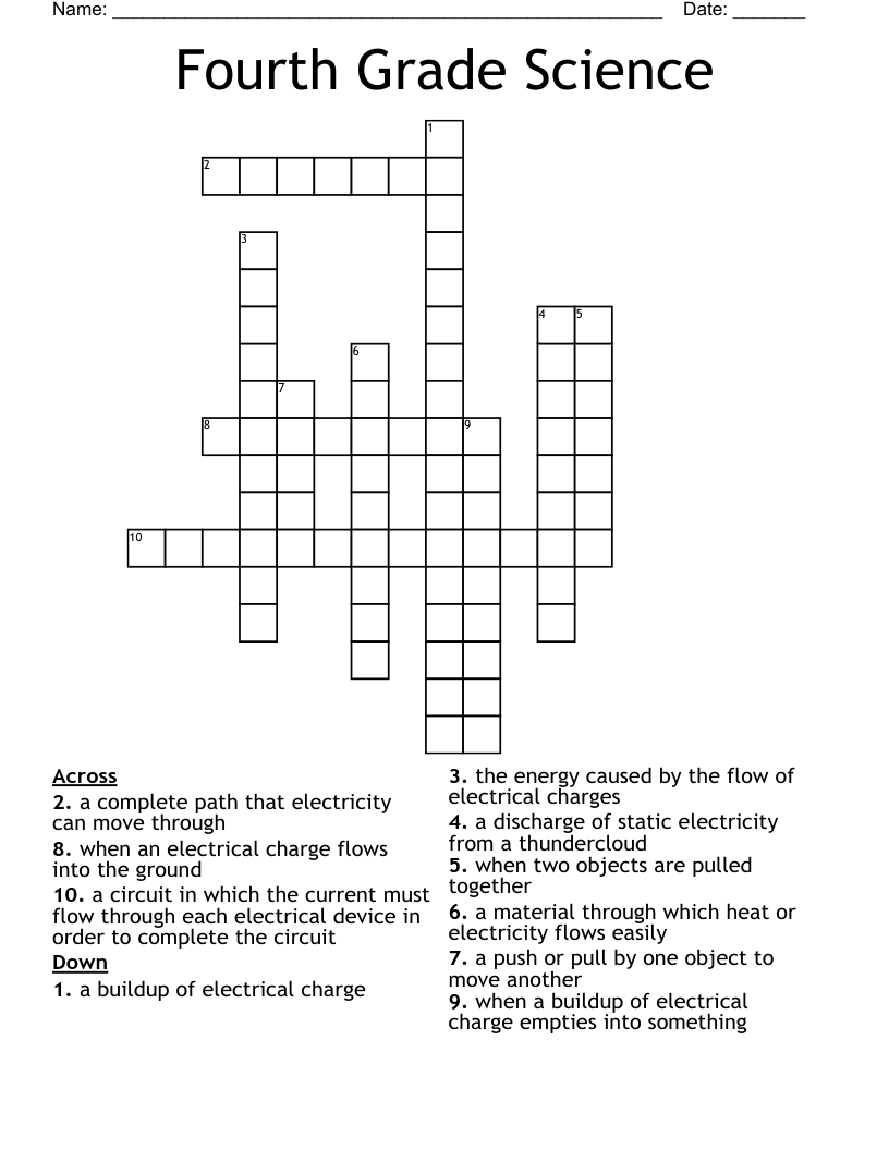 Fourth Grade Science Crossword