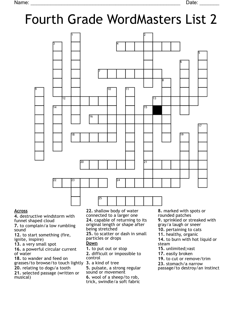 Fourth Grade WordMasters List 2 Crossword