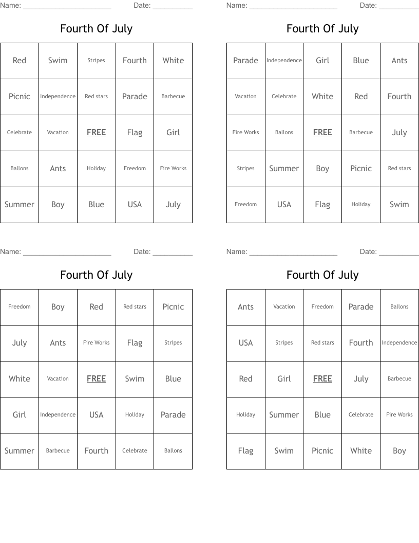 Fourth Of July Bingo Cards