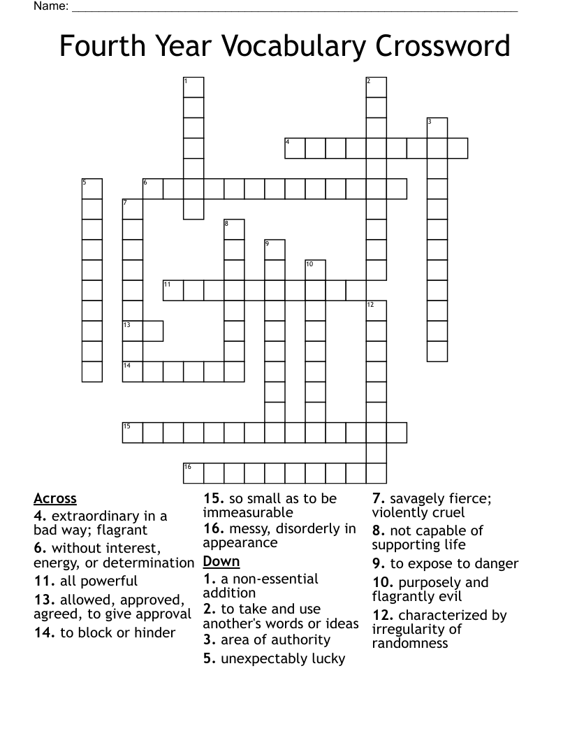 Fourth Year Vocabulary Crossword