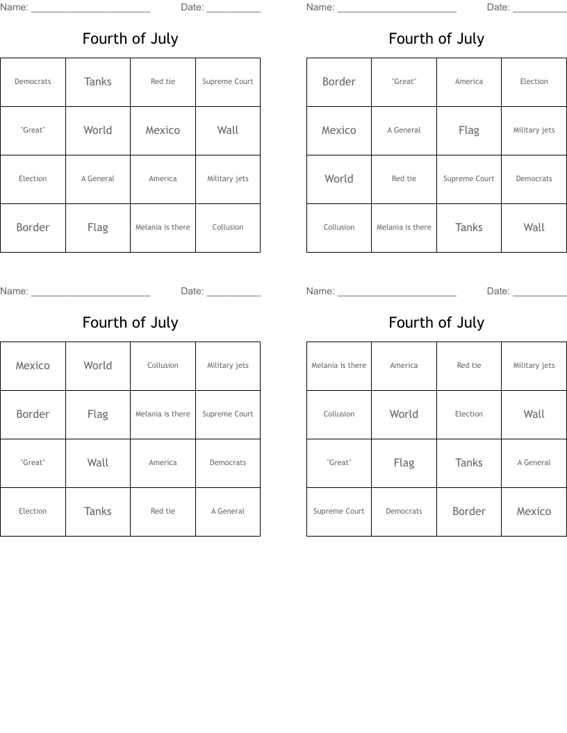 Fourth of July Bingo Cards