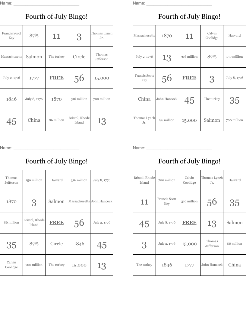 Fourth of July Bingo!
