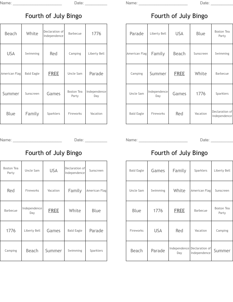 Fourth of July Bingo