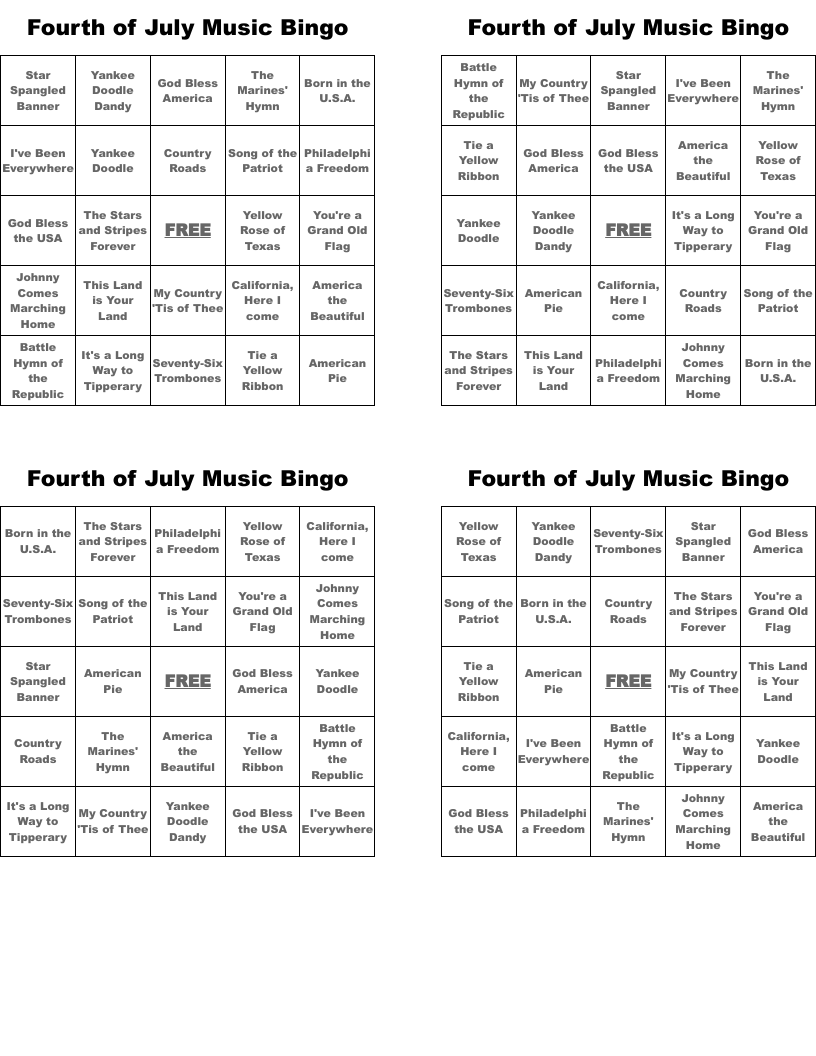 Fourth of July Music Bingo