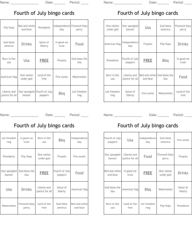 Fourth of July bingo cards