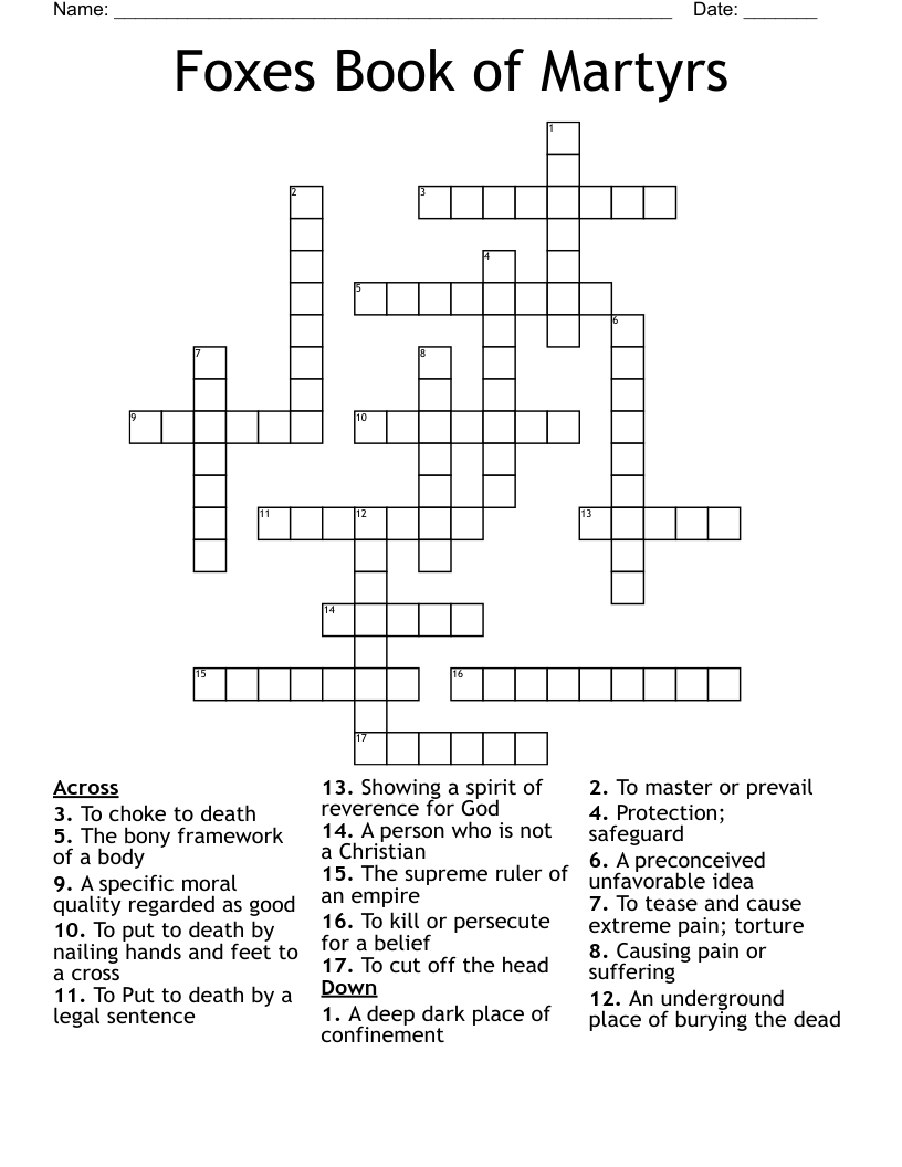 Foxes Book of Martyrs Crossword