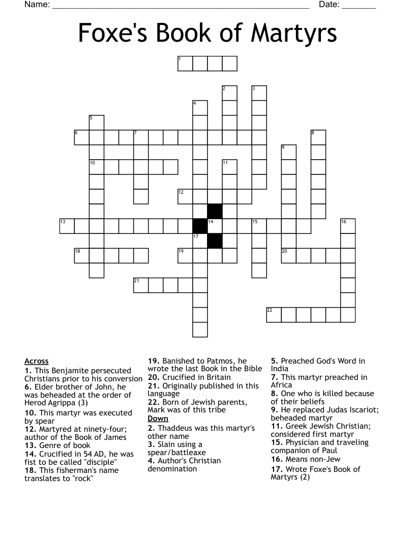 Foxe's Book of Martyrs  Crossword