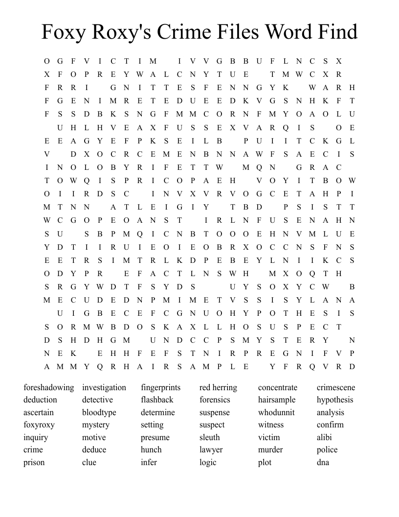 Foxy Roxy's Crime Files Word Find Word Search