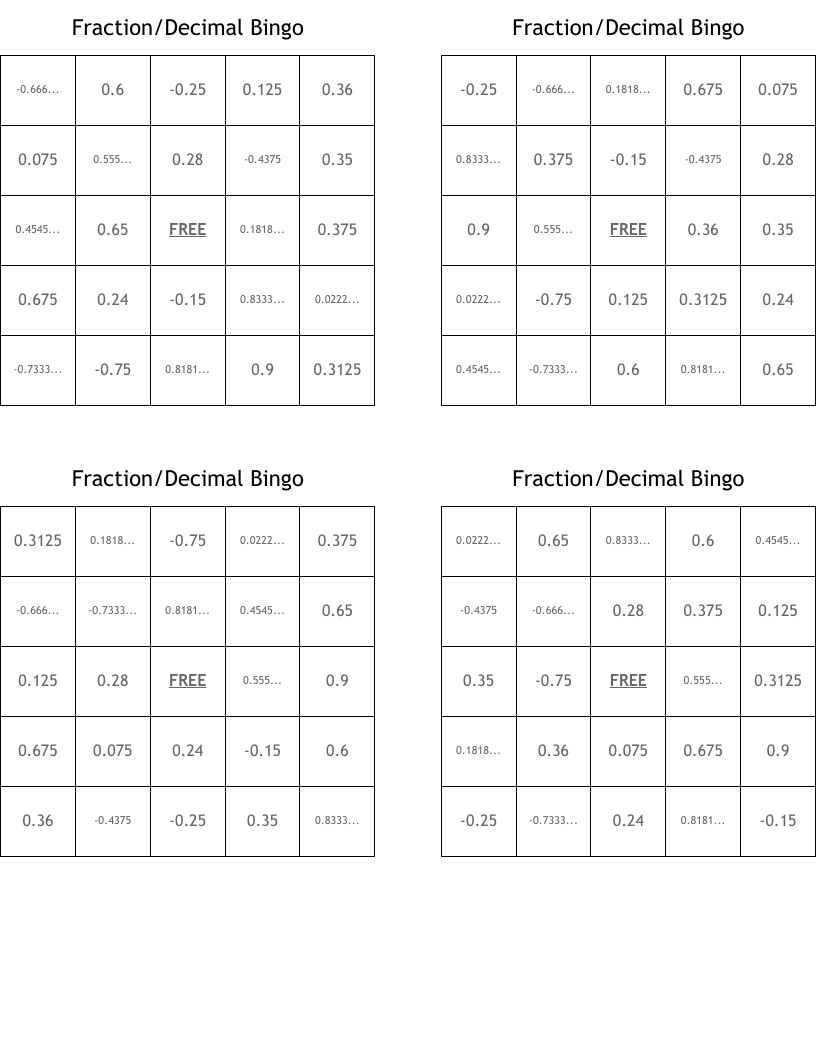 Fraction/Decimal Bingo