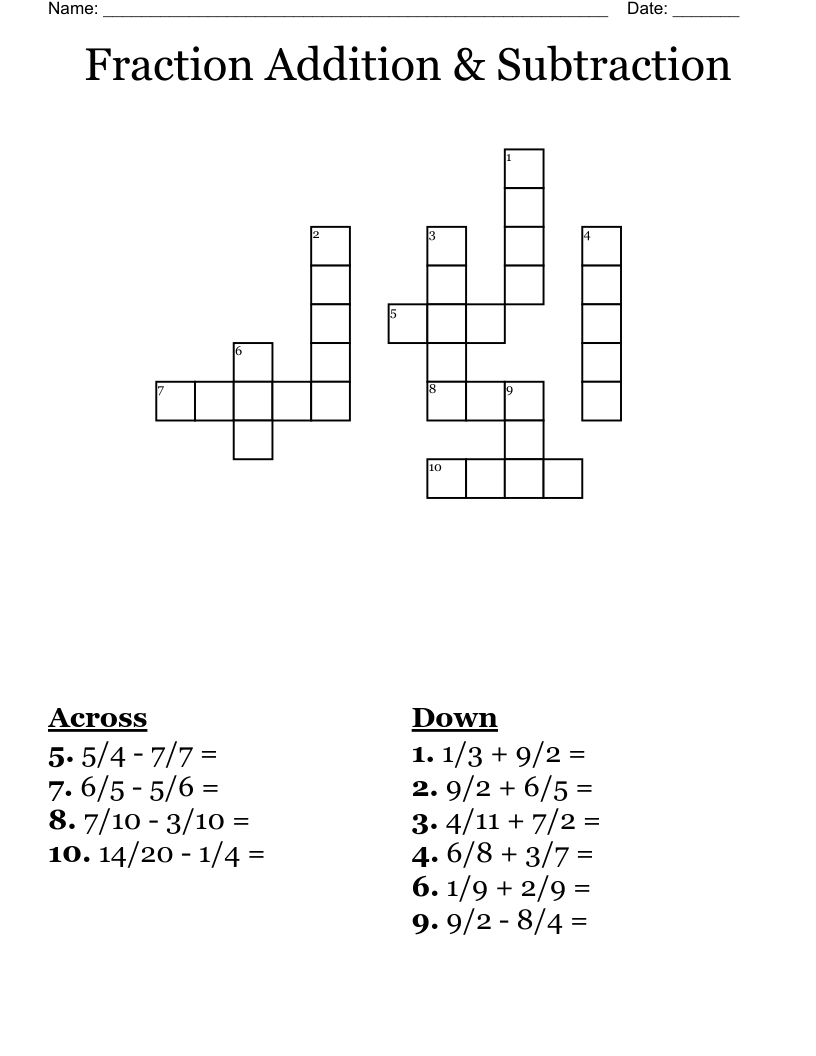 Fraction Addition & Subtraction Crossword