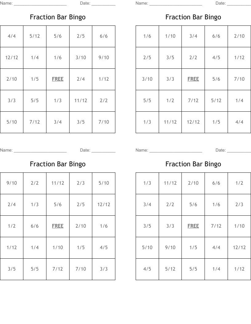 Fraction Bar Bingo