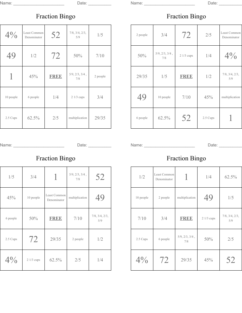 Fraction Bingo