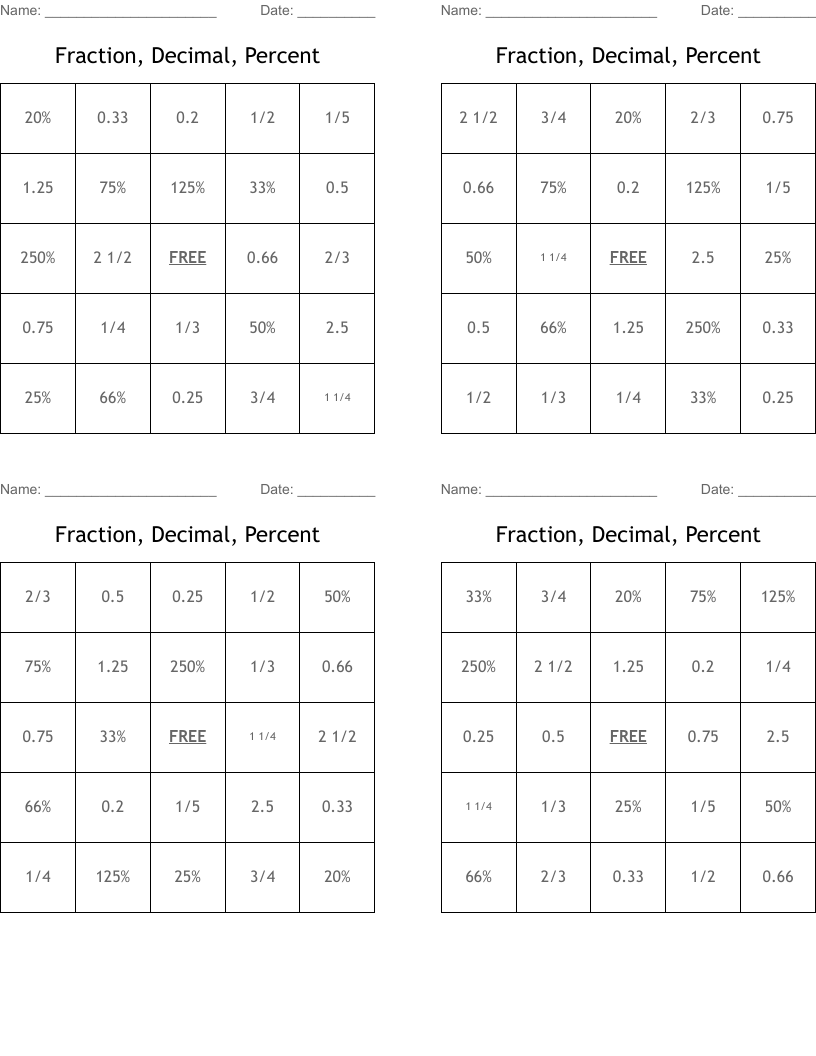 Fraction, Decimal, Percent Bingo Cards