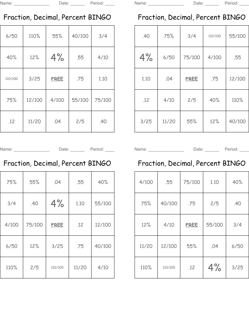 Fraction, Decimal, Percent BINGO