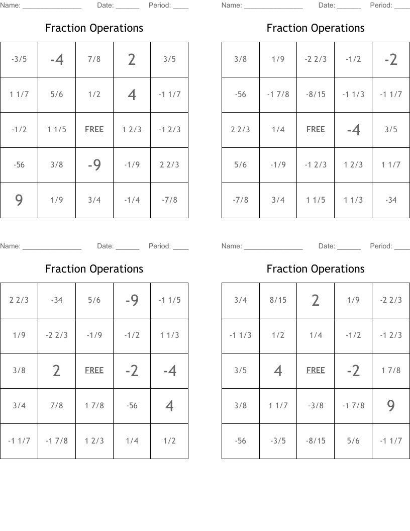 Fraction Operations Bingo Cards