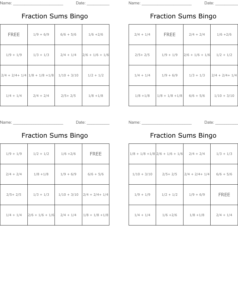 Fraction Sums Bingo
