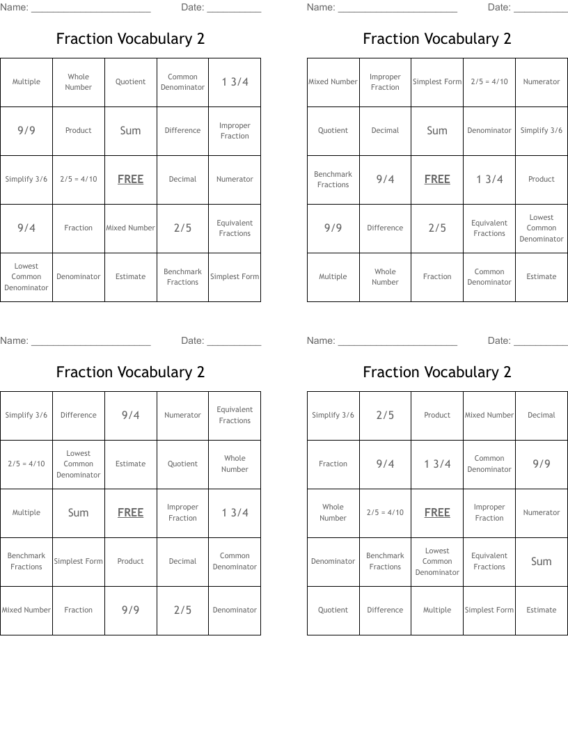 Fraction Vocabulary 2 Bingo Cards