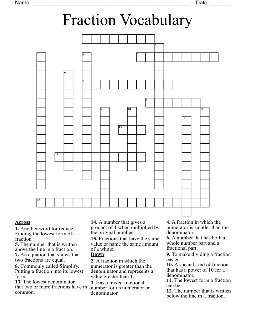 Fraction Vocabulary Crossword
