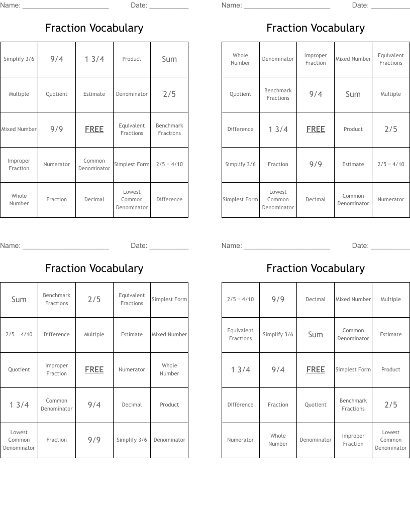 Fraction Vocabulary Bingo Cards